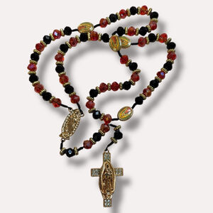 21” Virgin Mary Rosary Necklace Red Black Faceted Beads Gold Tone Crystal Cross